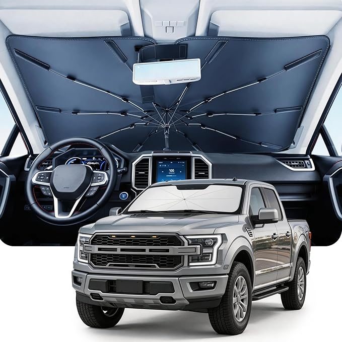DMJN Umbrella Windshield Sun Shade for Ford F150 F250 F350 F450, Car Sunshade for Front Windshield [Nano Ice-Crystal Coatings] UPF50+ Heat & UV Block, Protect Interior & Keep Cooler