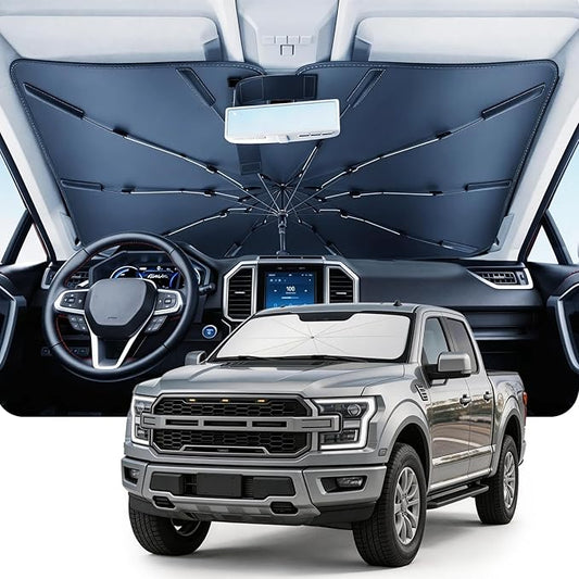 DMJN Umbrella Windshield Sun Shade for Ford F150 F250 F350 F450, Car Sunshade for Front Windshield [Nano Ice-Crystal Coatings] UPF50+ Heat & UV Block, Protect Interior & Keep Cooler