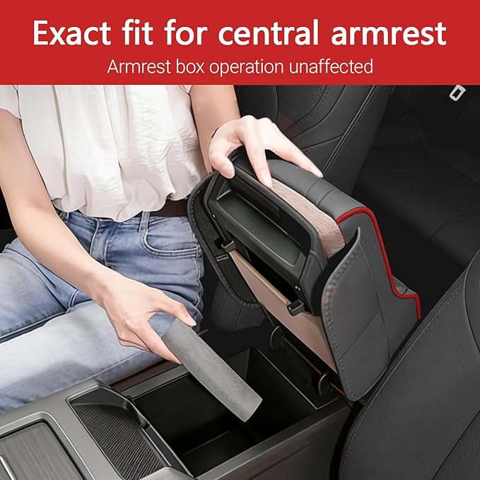 Upgraded Car Center Console Cover,PU Leather Car Armrest Cover Cushion Contains High Elasticity Sponge with 2 Storage Bags Tissue Box (Black RED-B)