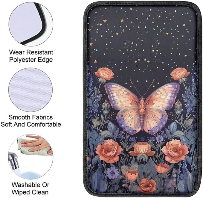 Suobstales Butterfly Rose Flower Print Car Armrest Pad Soft Center Console Arm Rest Protector Cover Universal Car Interior Accessories Decoration