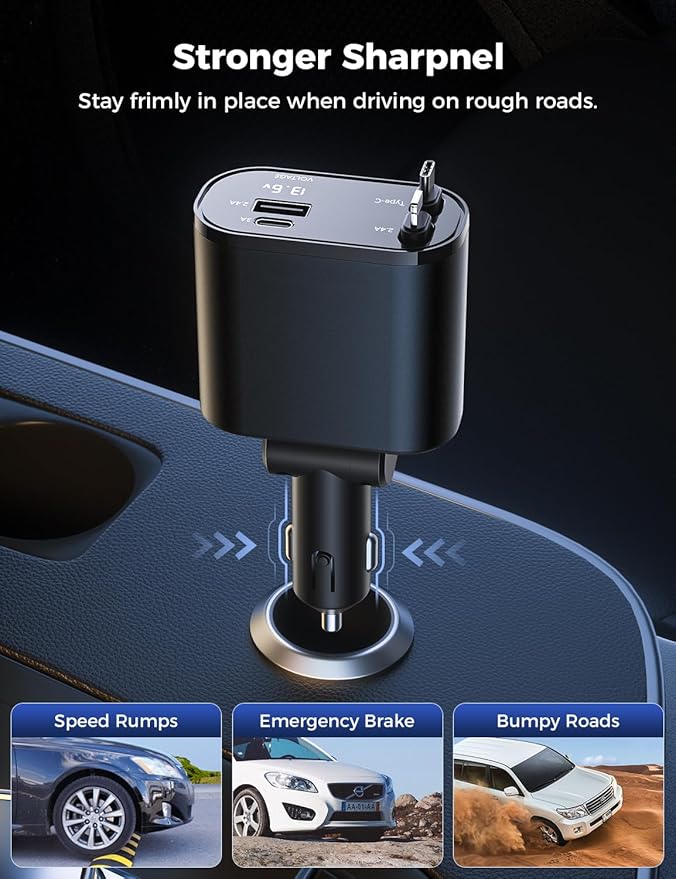 SUPERONE Retractable Car Charger for iPhone with Dual Type C Cables, 4 in 1 USB C Car Charger Adapter with 69W Fast Charging Compatible with iPhone 17 16 15 14 13 12 11 Pro/XS/XR/SE/iPad/Airpods