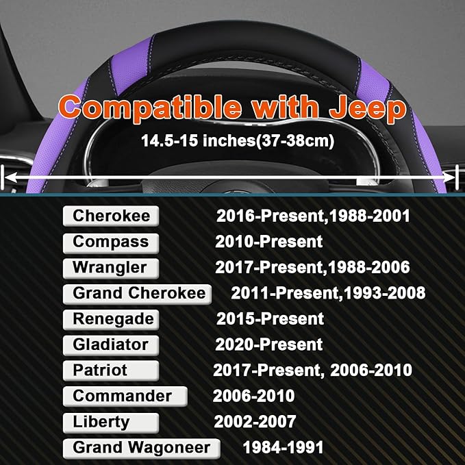 West Llama Customized Auto Car Steering Wheel Cover for Jeep Grand Cherokee,Wrangler,Compass,Gladiator,Cherokee 14.5-15 inches (Black+Purple-Standard Size)