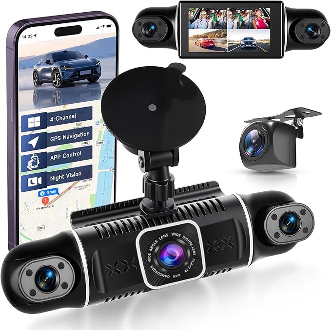 4 Channel Dash Cam Front and Rear Inside 360° Dash Camera for Cars 4 Channel Dash Cam Front and Rear Inside,IPS 4K/2K Dash Camera WiFi APP,G-Sensor 24/7 Parking Mode,170° Loop Recording