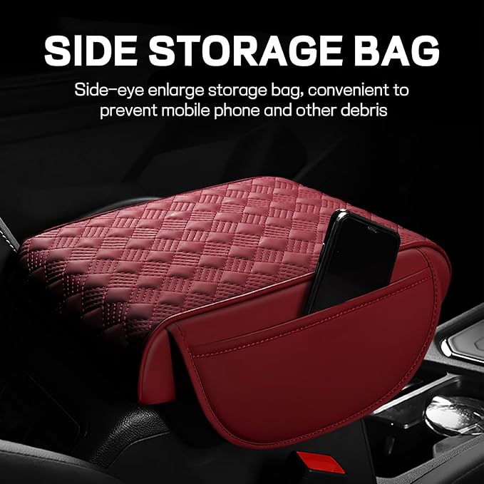 Car Armrest Cushion, 12.2"×8.3" Leather Auto Memory Foam Center Console Pad with Storage Pocket, Waterproof & Anti-Scratch Elbow Pillow Armrest Seat Box Protector, Universal Fit (Red)