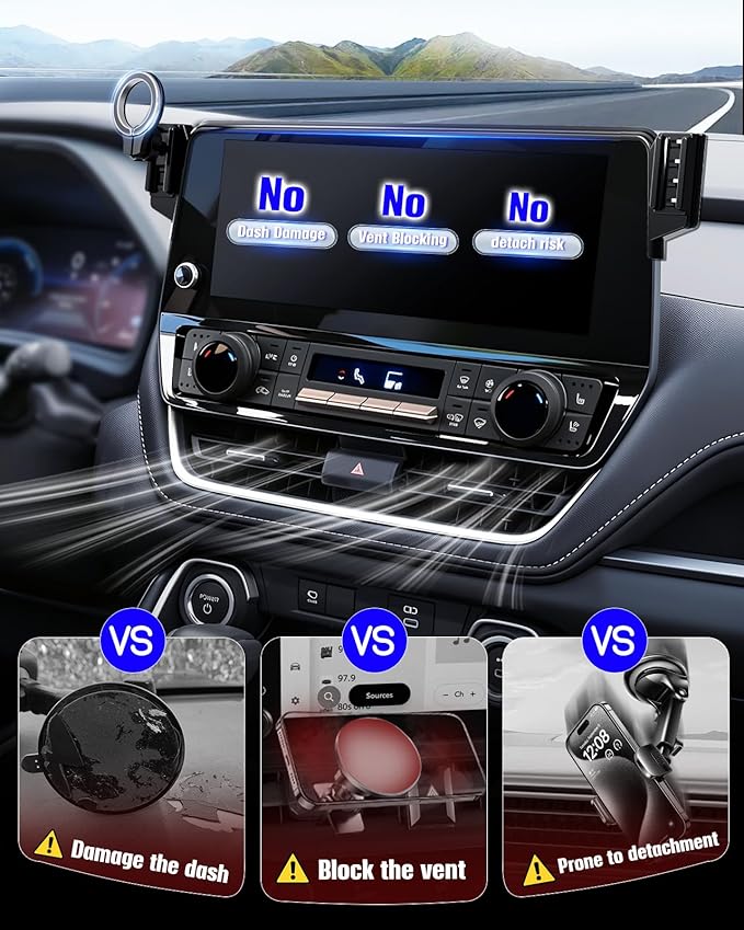 pop-tech Car Phone Mount for Toyota Grand Highlander 2024 2025 2026: Magnetic Strong Magnets Cell Phone Holder Fit 12.3-Inch Touch Screen Compatible with MagSafe & iPhone Accessories