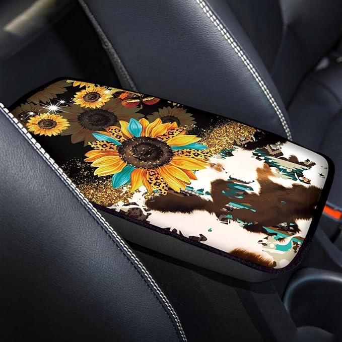 Universal Armrest Cover Pad, Sunflower Cow Print Car Center Console Cushion Pad, Protect from Pet Claws, Sticky Fingers, Auto Decor Accessories