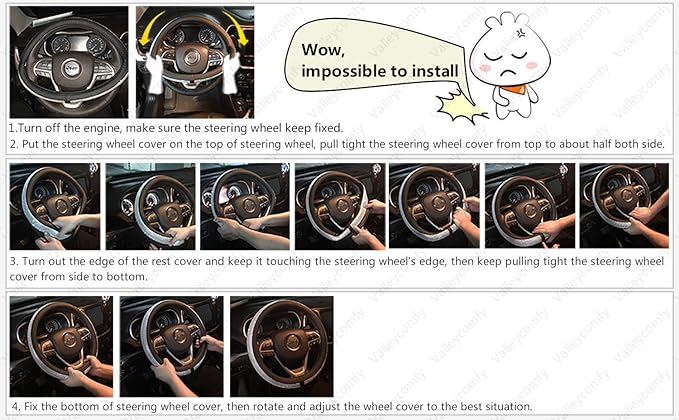 Valleycomfy Steering Wheel Covers Universal 15.75 inch - Genuine Leather, Breathable, Anti Slip & Odor Free (Black with Blue Lines, L(15" 1/2-16"))