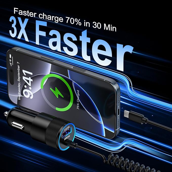 Type C Fast Car Charger for Galaxy A17/A56/A16/S26 Ultra/S26/S25 FE/S25/S24 Ultra/A15/A55/A54/A14 5G Pixel 10a 10 9 8 Pro iPhone 17 16e,QC3.0 18W Car Phone Charger Adapter PD30W USB C Coiled Cable 3FT