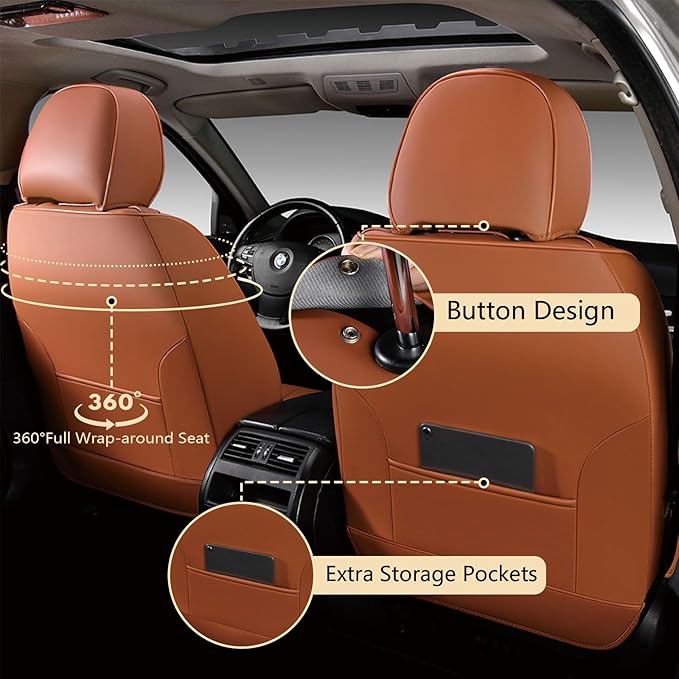 FLORICH Car Seat Covers Front Seats, Luxury Waterproof Faux Leather Seat Covers Cushion, Car Seat Protectors Universal Fit for Most 5 Seats Vehicles - Brown