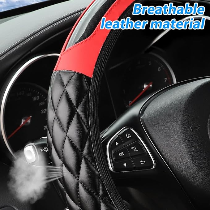 Carbon Fiber Car Steering Wheel Cover, Leather Breathable Non-Slip 14.5-15 Inch Vehicle Steering Wheel Protector, Auto Interior Protection Accessories, Universal for SUV Sedan Truck(Red)