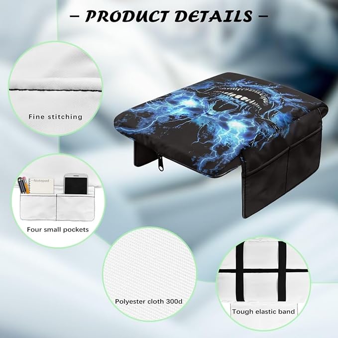 Tupalatus Cool Skull Car Center Console Cover Waterproof Armrest Cushion Cover Pad Breathable Car Center Console Replacement with Storage Pockets for Most Vehicle, SUV, Truck, Car