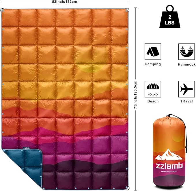 zzlamb Camping Blanket for Cold Weather,Outdoor Puffy Blanket Portable Down Alternative,Windproof Warm Cloak with Snaps,Cozy Quilt Backpacking Picnic RV Travel Plane Car Hammock Beach Climbing