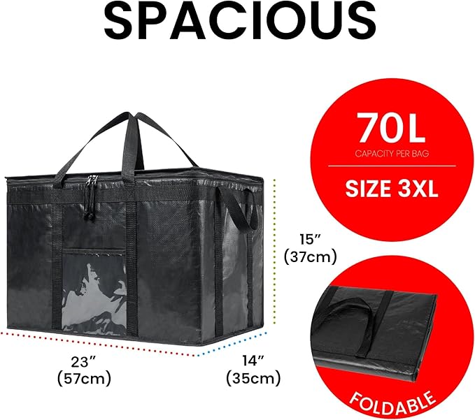 NZ home Insulated Bags for Food Delivery (3XL PRO) Grocery Shopping Cooler Bag, Pizza Delivery, Hot & Cold Catering Tote, Reusable, Foldable & Heavy Duty (Black)