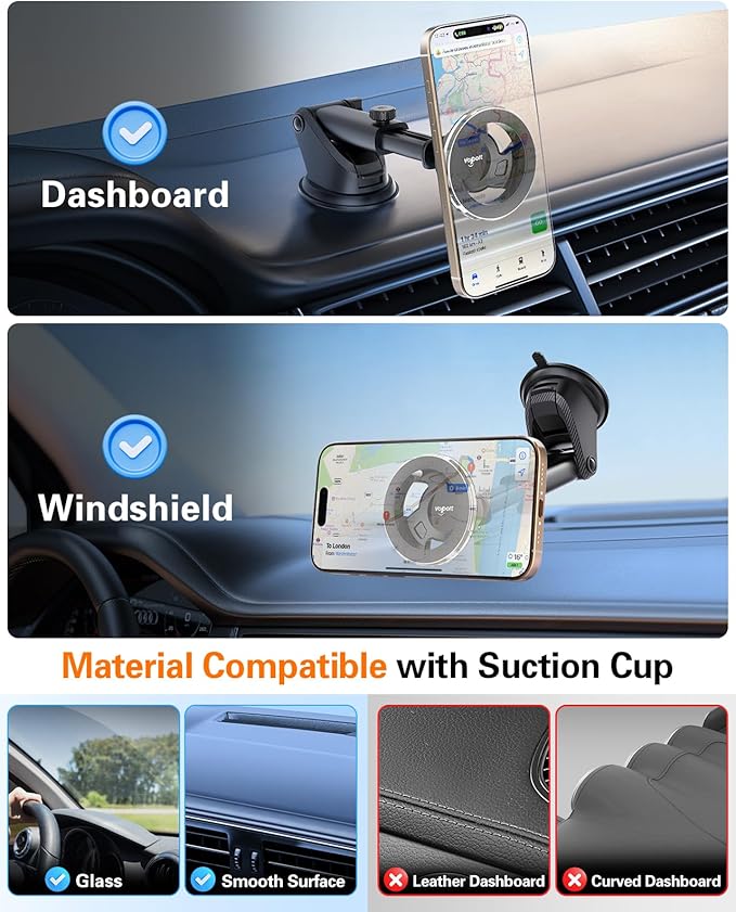 volport for Magsafe Car Mount [Dashboard & Windshield]: Universal Dash Magnetic Phone Holder [360° Rotatable Suction Cup], Strong Window Magnet Mobile Stand for iPhone Samsung Mag Safe Cell Phone Case