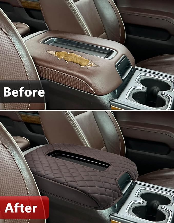KBH Center Console Armrest Cover for Chevy Silverado, GMC Sierra 1500 2500 3500 2014-2018 & Tahoe Yukon Suburban 2015-2020, Floor Console Bucket Seat, Vinyl Leather, Dark Brown