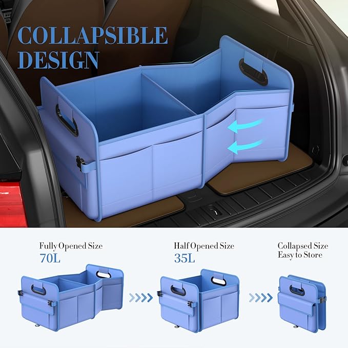 titiyiof Trunk Organizer For Suv & Sedan,Car Organizers and Storage, Waterproof Collapsible & Adjustable Straps,70L Sturdy Car Organization for Car Accessories, Tools,Sundries,2-3Compartment（Blue