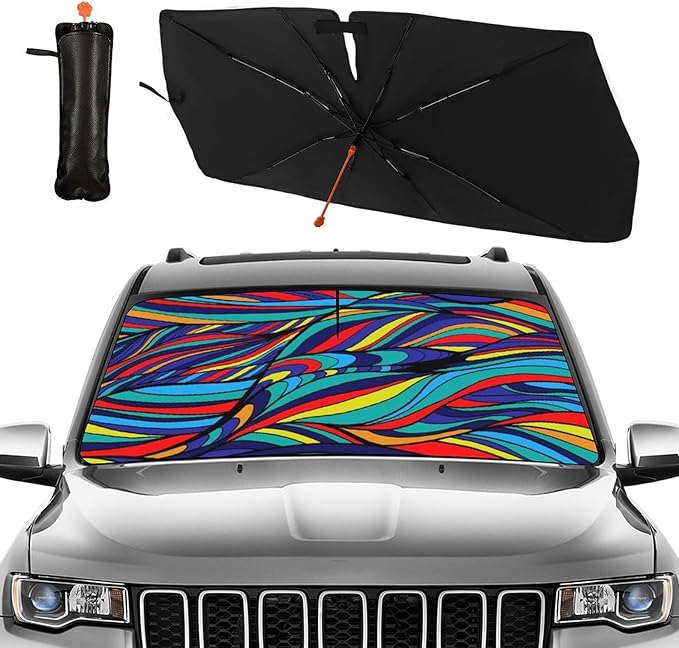 Neon Wave Print Car Sunshade Umbrella Colorful Neon Windshield Sun Shade for Car Retractable Umbrella Sunshades for Front Window Sun Shades Cover Visor Portector Block UV Ray