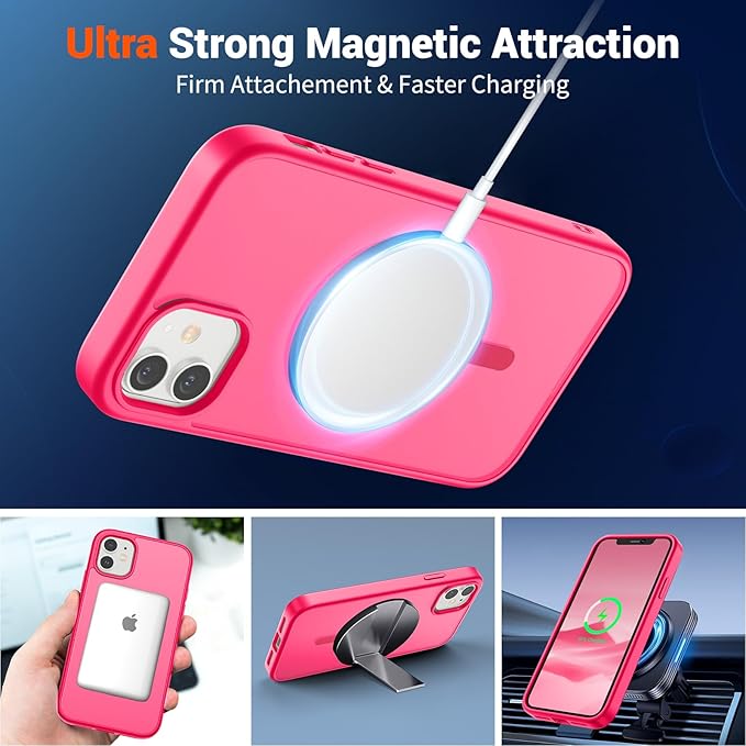 SUPFINE Magnetic for iPhone 11 Phone Case with Screen Protector (Compatible with MagSafe) (Military Grade Drop Protection) Slim Translucent Matte Shockproof Phone Cover,Hot Pink