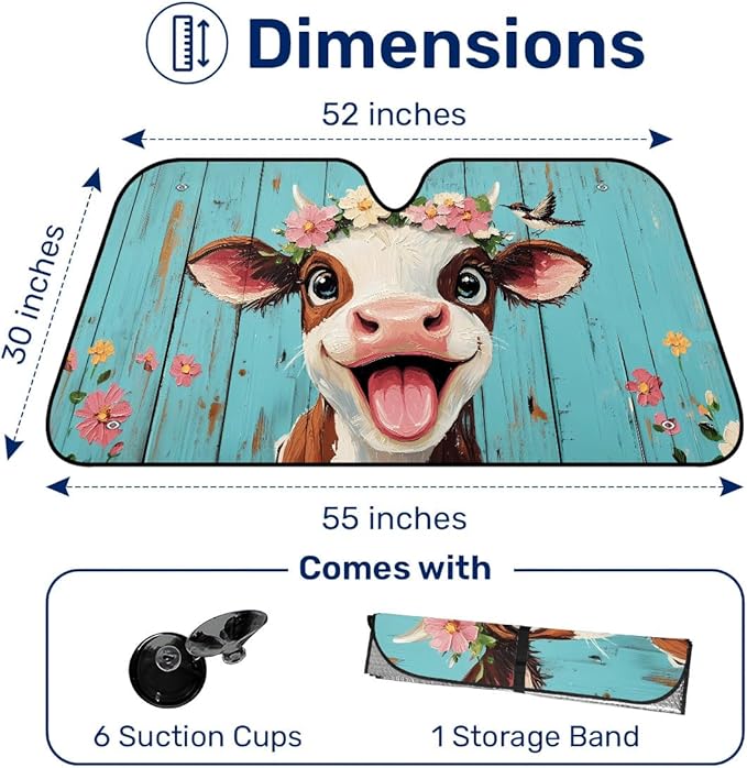 GENANY Smiling Cow Windshield Sun Shade for Car SUV Truck (55x30 Inches), Sun Shade Windshield, Shades for Front Windows, Xmas Auto Gift, Spring Car Decor