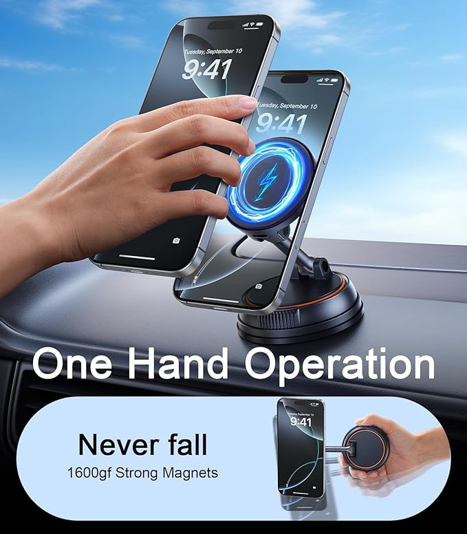 Magnetic Wireless Car Mount Charger Fast Charging, 360°Rotating Dashboard/Windshield Vacuum Suction Cup Phone Holders for Your Car, Car Accessories for iPhone 16 15 14 Pro Max Samsung Tesla