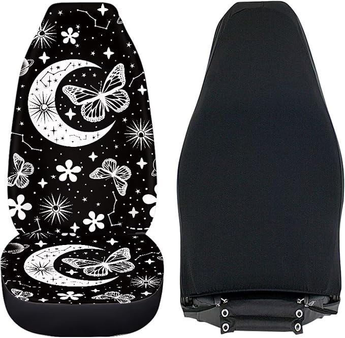 BIGCARJOB Moon Butterfly Car Seat Cover Set for Front Seat Only,2 Pack Black Butterfly Auto Front Seat Protector Saddle Blanket for Women Car Interior Accessories