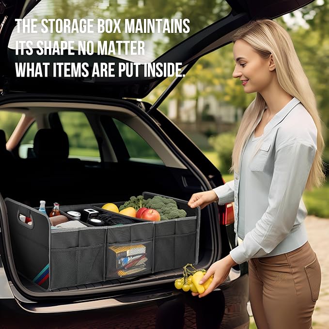 XL Car Trunk Organizer, 4 Compartments, 94L Capacity, Oxford Polyester 600D Material, Easy Fold and Store, Prevents Sliding