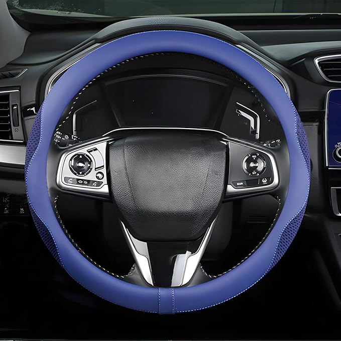 Car Steering Wheel Cover, Microfiber Breathable Ice Silk Leather Steering Wheel Cover Soft Anti-Slip Safety, 15inch Four Season Universal Fits for Most Truck,SUV,Cars (Blue)