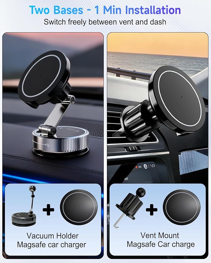 for MagSafe Car Mount Charger, 15W Fast Charging Magnetic Wireless Car Charger, 810° Vacuum Magnetic Phone Holder [120LBS Ultra Suction & 3000gf Magnet] Vent Dashboard Car Bracket for iPhone & Android