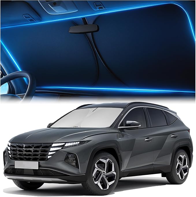 Windshield Sunshade for Hyundai Tucson 2022 2023 2024 2025 2026 - Innovative No-Light-Pass Technology, Mirror Cut-Out, Blocks 99% UV Rays, Fade-Resistant, Easy-Fold Tucson Windshield Sun Shade