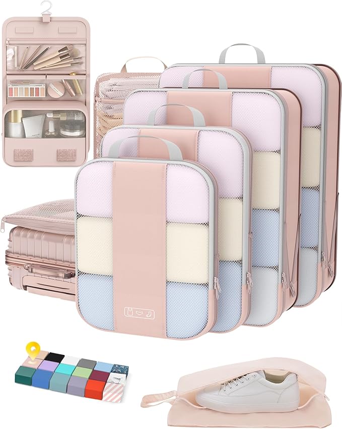 OlarHike 8 Set Compression Packing Cubes for Travel Gifts Mom Women,Luggage Clothes Organizer for Travelers,Airplane/Cruise/Car/Train Travel Essentials,Compressible Expandable Saver Space Bags(Beige)