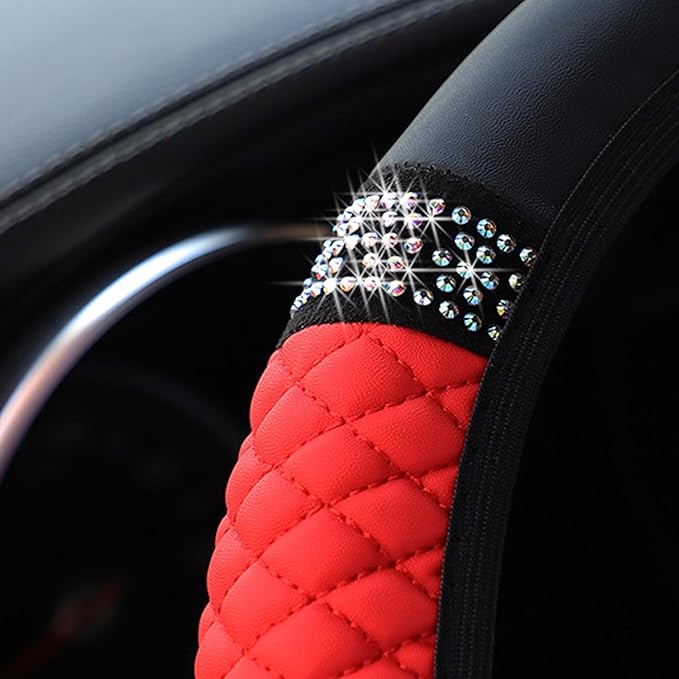 Bling Car Steering Wheel Cover, 15 Inch Rhinestones Soft Leather Elastic Steering Wheel Protector, Sparkly Crystal Diamond for Women Girls, Car Interior Accessories for Most Cars (Red)