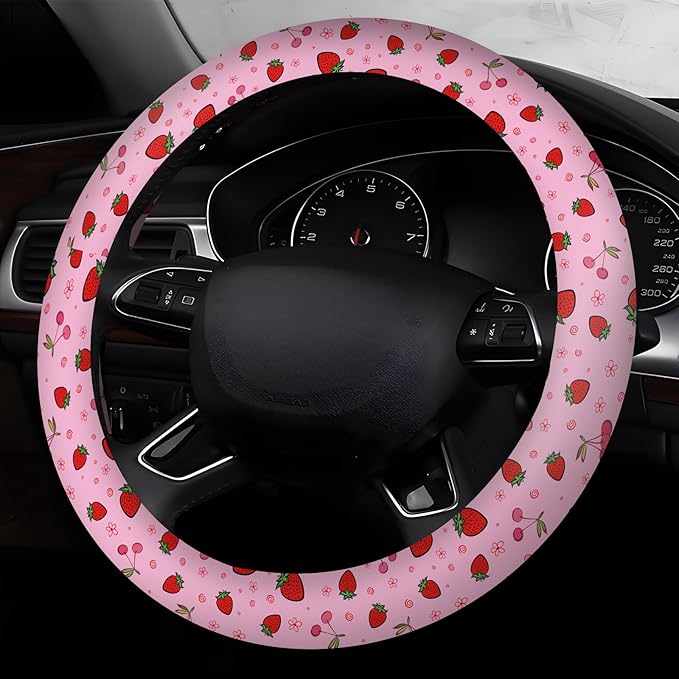 Car Steering Wheel Cover, Universal 15 Inch Neoprene Non-Slip Steering Wheel Covers, Funny Car Accessories for Women Men Fit Auto, Suvs, Truck Cute Pink Cherry Strawberry