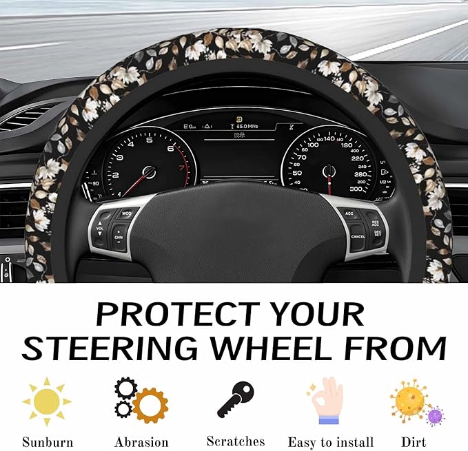 Steering Wheel Cover Accessories Neoprene Cover, Breathable Non-Slip Easy to Install Suitable for Women Men, 14.5-15.5 Inch for Car SUV Van Truck Universal - Beauty Floral
