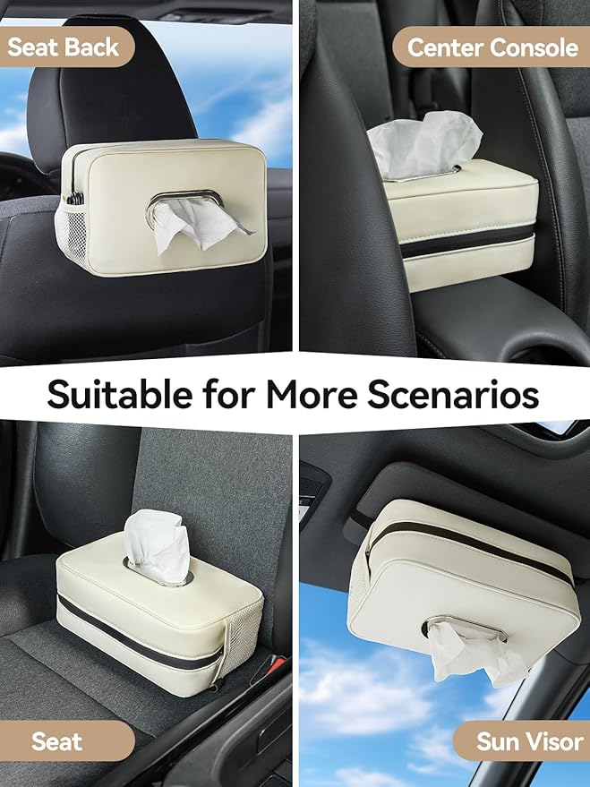 Multi-Functional Car Tissue Holder with ‌2 Storage Nets, Upgraded PU Leather Tissue Box Cover, Large Rectangle Napkin Organizer, Fit for 100-160 Regular Size Tissues, Keep Car Tidy, Beige
