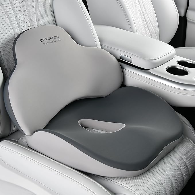 Coverado Seat Cushion and Lumbar Support Pillow for Car Office Chair, Ergonomic Memory Foam Desk Chair Cushion Back Support Pillow, Sciatica & Back & Tailbone Pain Relief Cushion-Black&Gray
