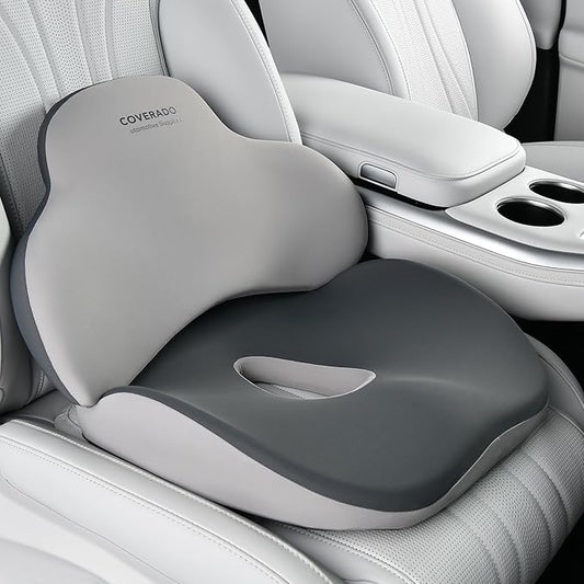 Coverado Seat Cushion and Lumbar Support Pillow for Car Office Chair, Ergonomic Memory Foam Desk Chair Cushion Back Support Pillow, Sciatica & Back & Tailbone Pain Relief Cushion-Black&Gray