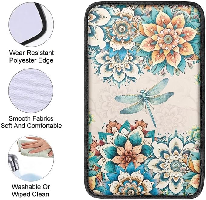 JoyLamoria Boho Dragonfly Flower Vehicle Center Console Cover Armrest Cover Pad Universal Fit Soft Comfort Center Console Armrest Cushion for Car Truck SUV