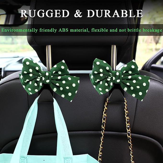 2 PCS Car Seat Headrest Hooks, Cute Bow Shaped Vehicle Backseat Storage Hooks, Leather Bow Shaped Sturdy Car Seat Back Hooks for Purses/Coats/Umbrellas, Car Accessories (Green Dot)