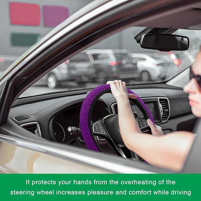 Elastic Steering Wheel Cover, 15"×15" Breathable Ice Silk Steering Wheel Protector, Universal Auto Wheel Wrap Anti-Slip Soft Cover for Ultimate Comfort, Car Accessories (Dark Purple)