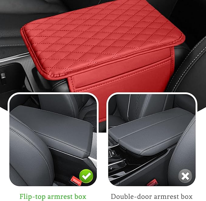 Car Center Console Cover, Universal Center Console Protector Pad with Soft Microfiber Leather & 2 Storage Pockets, Non-Slip Cushion for Car SUV Truck Interior Accessories (Red)