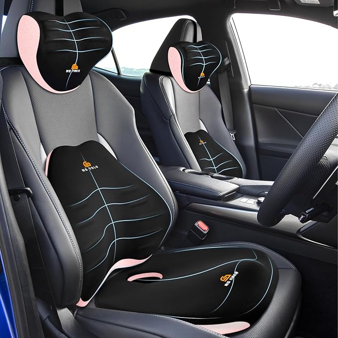 NS YOLO Ergonomic Car Seat Cushion with Comfort Memory Foam Neck Pillow, Car Pillow,Lumbar Support and Big Size Soft Seat Cushion for Driving Seat,Office Chair and Wheel Chair (Black and Pink-3 pcs)