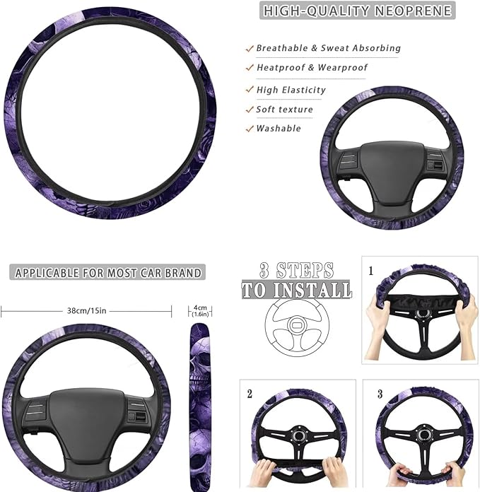 FKELYI Skeleton Car Seat Covers Full Set Purple Floral +Multicolor Mandala Cup Coasters+Headrest Covers+Anti-Slip Steering Wheel Cover+Gear Shift Cover+Handbrake Cover