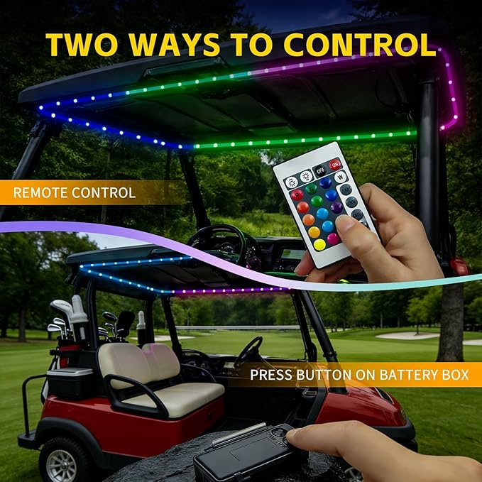 Battery Powered Golf Cart Canopy Lights, 2 Pack 8FT IP68 Fully Waterproof Golf Cart Roof Light Strip with Remote, Golf Carts Underglow RGB Led Strip Lights for EZGO Yamaha Marine Boat Kayak SUP UTV