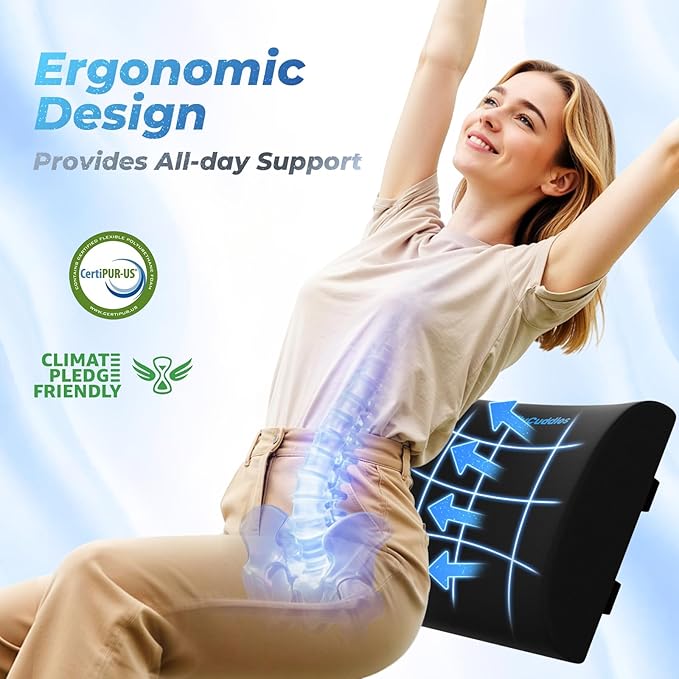 Lumbar Support Pillow for Office Chair Back Support - Memory Foam Lumbar Pillow for Car or Gaming Chair, Ergonomic Back Cushion with Adjustable Strap for Long-Hour Sitting (Black,X-Large)