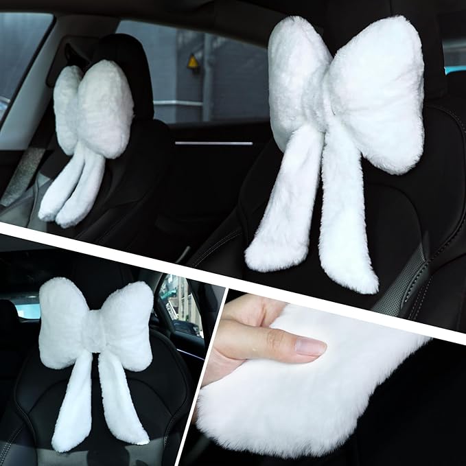 Macarrie 2 Pcs Car Neck Pillow Plush Butterfly Bow Car Headrest Pillow Comfortable Seat Neck Support Cute Car Head Rest Accessories for Driving Travel Driver Chair Girl Style Interior Decor(White)