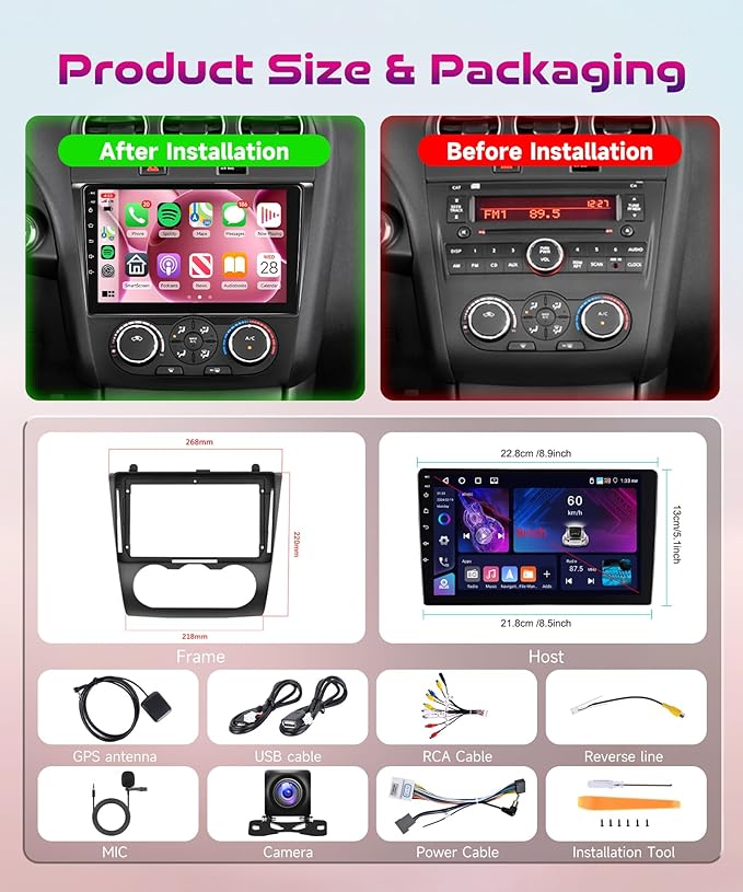 Android Car Stereo for Nissan Altima 2008-2012 with Wireless CarPlay Android Auto, 4Core 4G+64G 9 Inch Touchscreen Car Radio Mirror Link GPS Navigation WiFi Bluetooth FM RDS EQ SWC Backup Camera