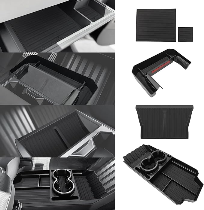 BestEvMod Floor Console Organizer & Cup Holder Front Organizer& Glove Box Mats Set of 2 Compatible with Tesla Cybertruck 2026 2025 2024 (Floor Lower+Cup Holder FrontCharge Pad Cover+Glove Box Mats)