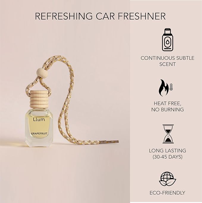 Llum Grapefruit Hanging Car Air Freshener – Luxury Automotive Perfume Diffuser 10ml (0.34 fl oz), Long-Lasting Fragrance, Alcohol-Free Non-Toxic Car Scent, Glass Bottle With Wood Cap & AC Vent Clip