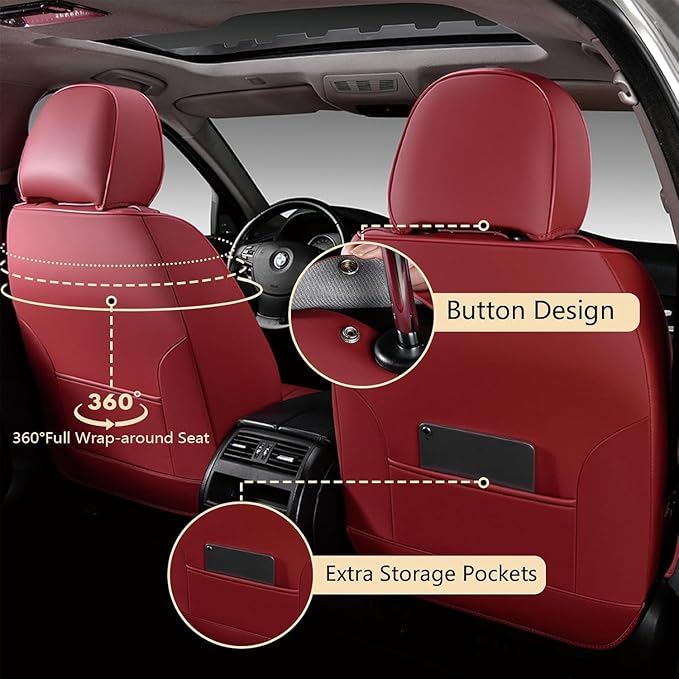 FLORICH Front Seat Covers for Cars, Luxury Waterproof Faux Leather Seat Covers Cushion, Car Seat Protectors Universal Fit for Most 5 Seats Vehicles - Red