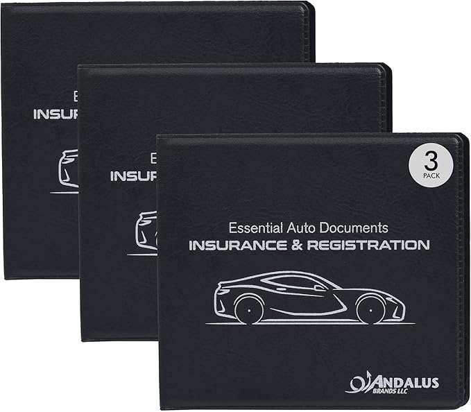 Andalus Auto Registration & Insurance Card Holder Pack of 3, Waterproof Essential Car Registration Holder with Hook & Loop Closure, Perfect for Every Vehicles Glove Boxes (Black - 5.1" X 4.6")